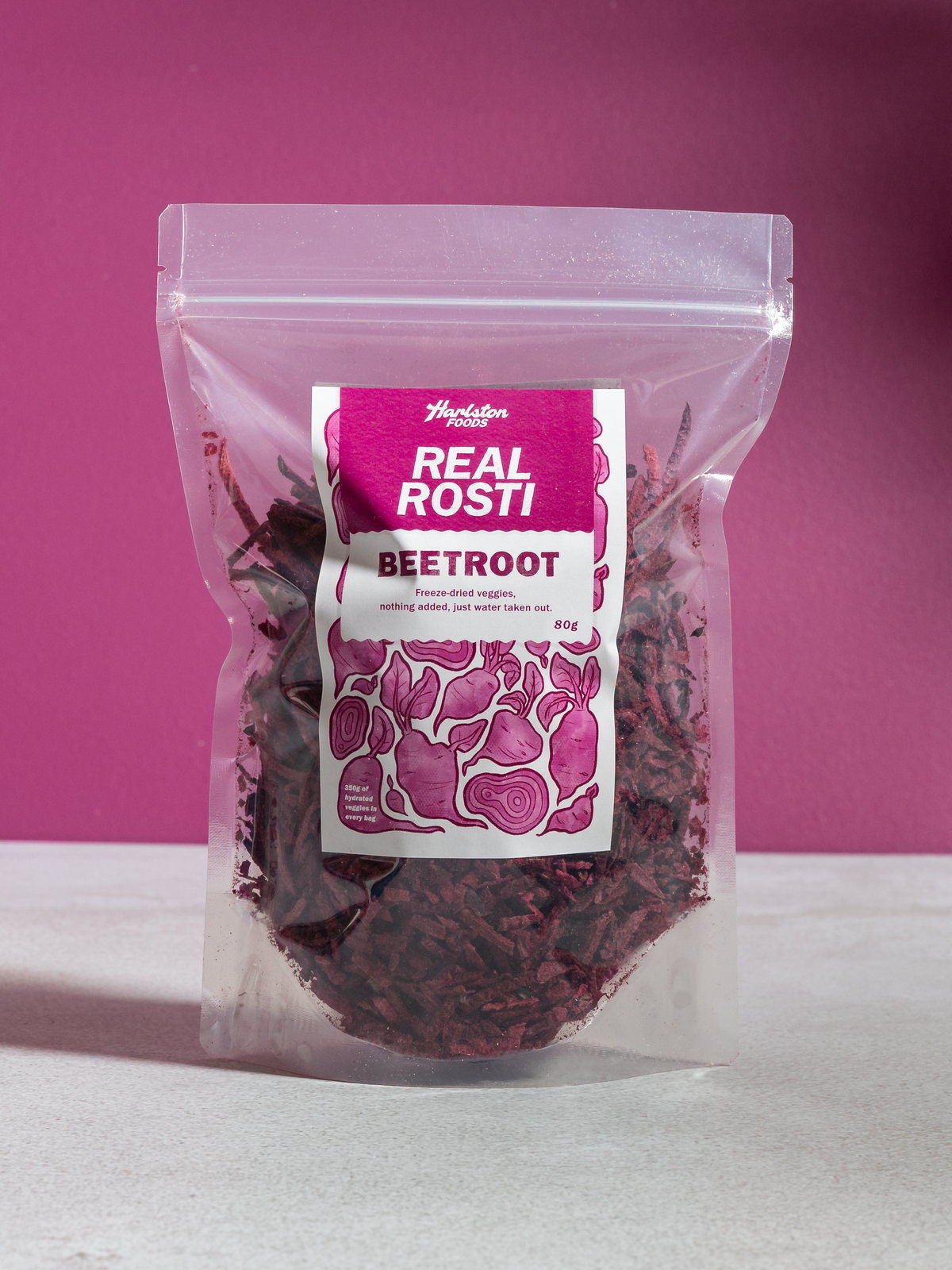 Real Rosti Beetroot pack, hand-packed at the Harlston Foods kitchen
