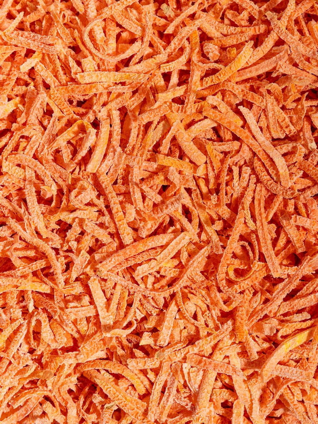 Shredded freeze dried New Zealand carrot, close up